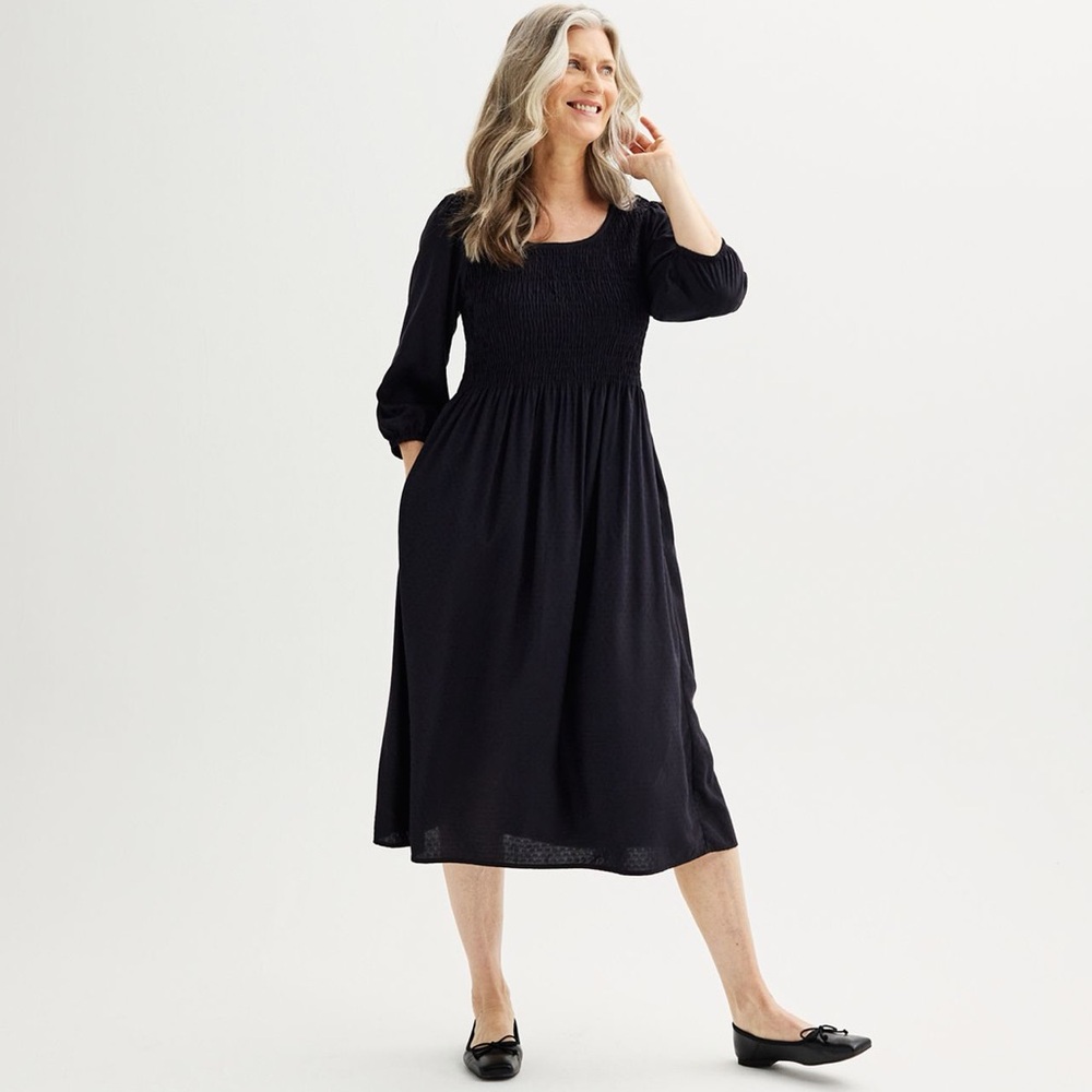 Croft & Borrow| Black Midi Dress 3/4 Sleeve Size Medium